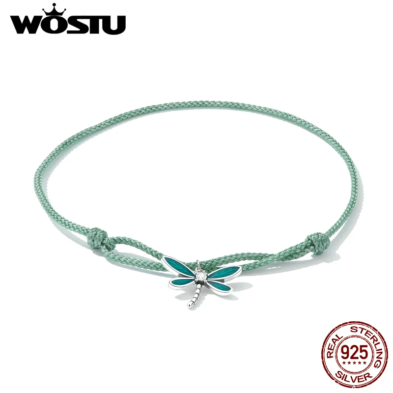 WOSTU Fashion Dragonfly Bracelet 925 Sterling Silver Delicate Green Dragonfly Pendants Bracelet for Women Fine All-match Jewelry