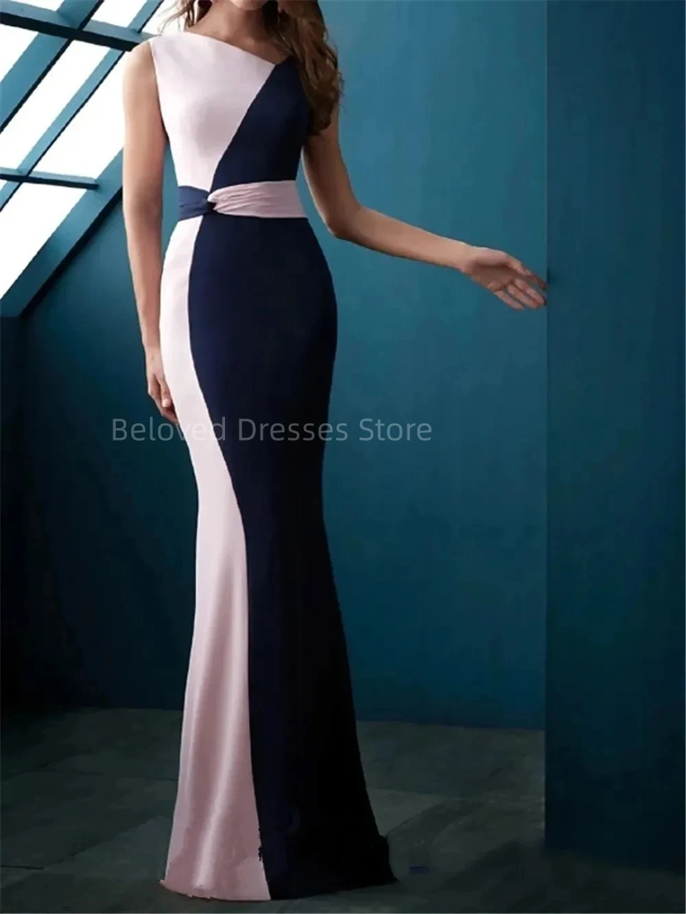 

Elegant Mermaid Chiffon with Sleek Color Block for Formal Evening Dresses 2023 Jewel Neck Sleeveless Sweep Train Gowns De Soriee