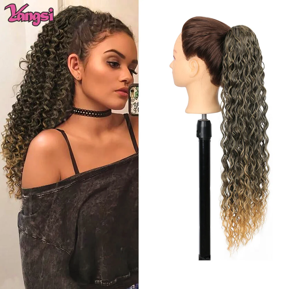 24“ Synthetic Long Deep Curly Ponytail Hair Extensions for Women Black Brown Drawstring Ponytail Clip in High Temperature Fiber