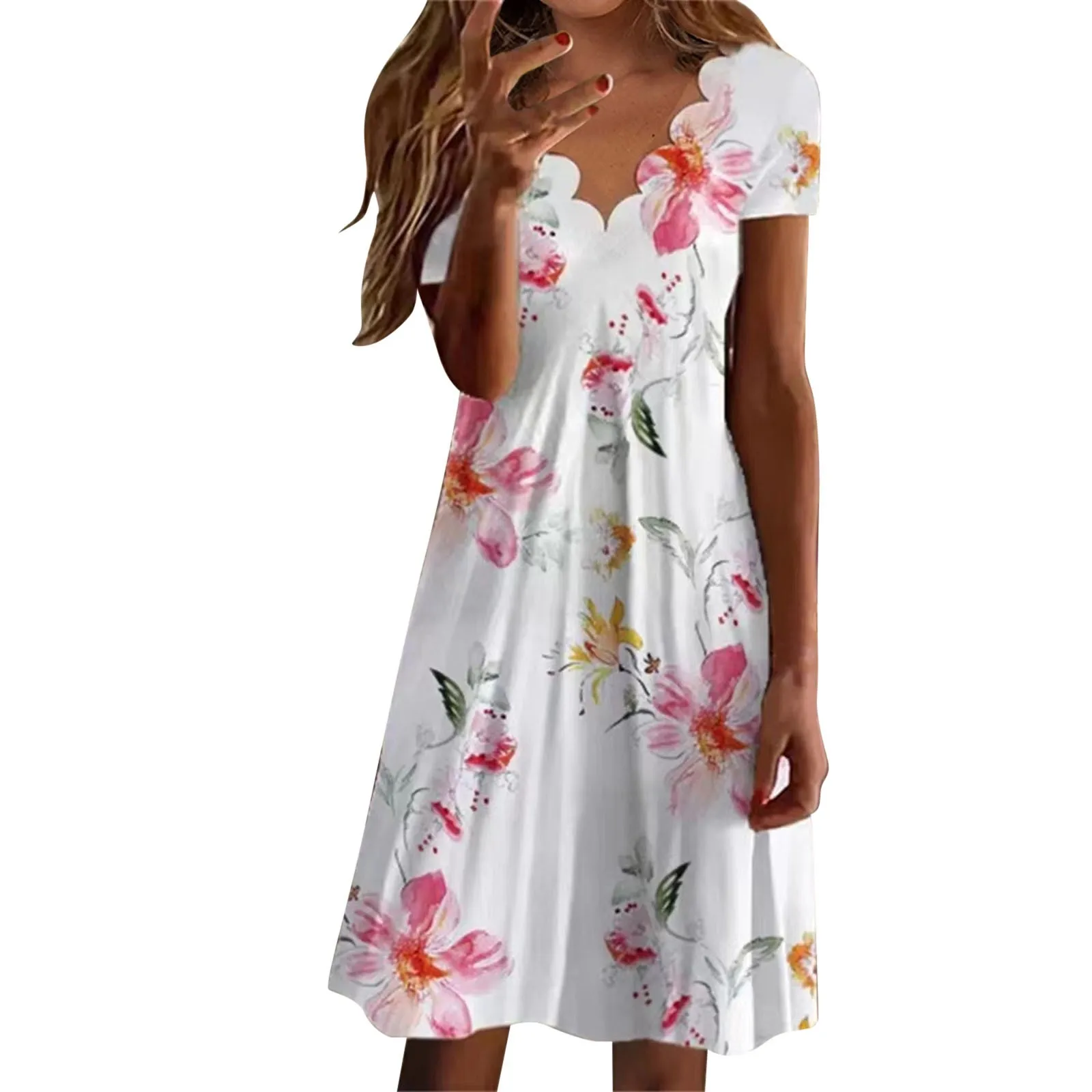 Women's Boho Style Floral V Neck Midi Dress Casual Vintage Loose Short Sleeve Dresses 2025 Summer Clothing Ladies Beach Sundress