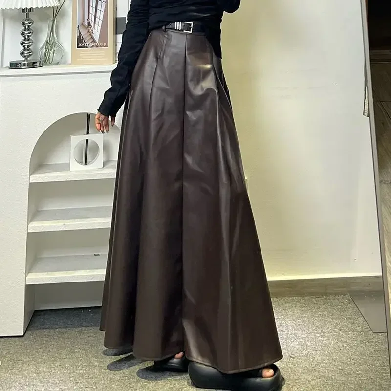 

Leather skirt, long skirt, tall woman, big swing, autumn and winter new style, waist belt, high waist, slimming A-line skirt