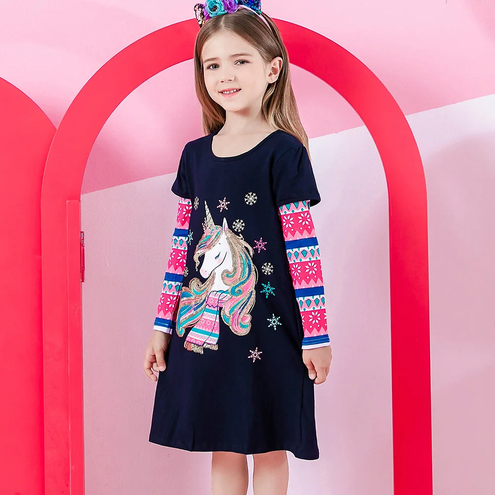 VIKITA Girls Licorne Sequined Appliqued Dress Kids Snowflakes Print Christmas New Year Xmas Cotton Casual Gift Straight Dress