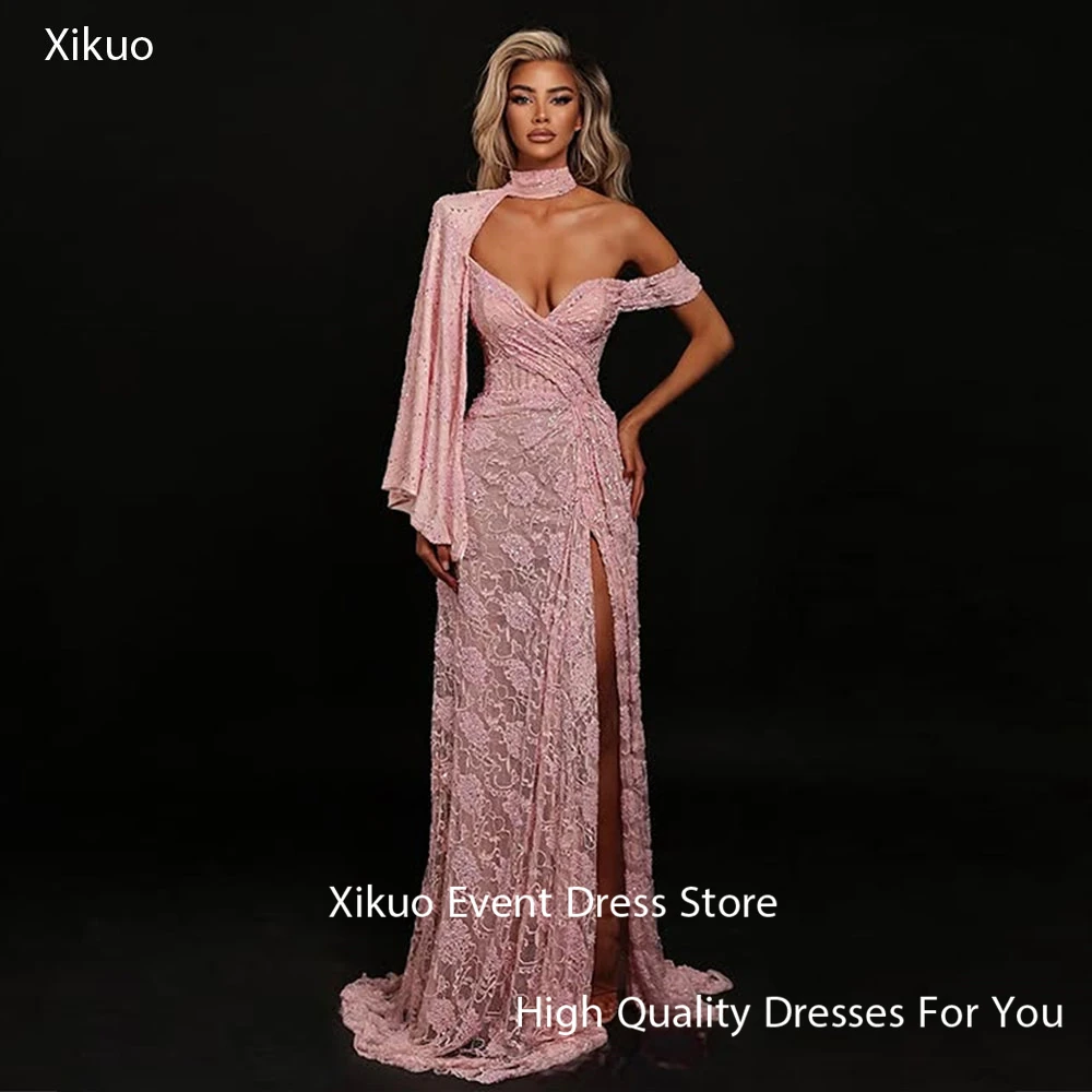 

Xikuo Elegant Pink Lace Evening Dresses Mermaid Sweetheart Pleated Prom Gowns Appliques High Side Slit Robe De Soirée Customized