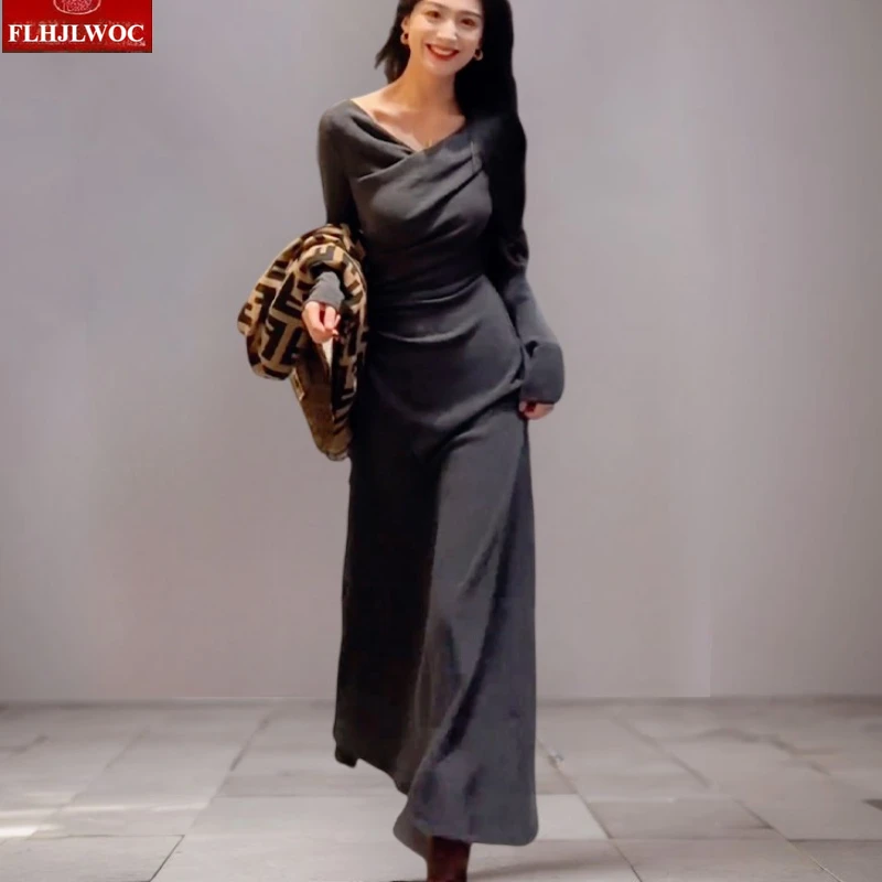 Frans ontwerp lange basisjurken nieuwe vrouw herfst winter lange mouw v-hals effen retro vintage t-shirt jurk vrouwelijke vestidos