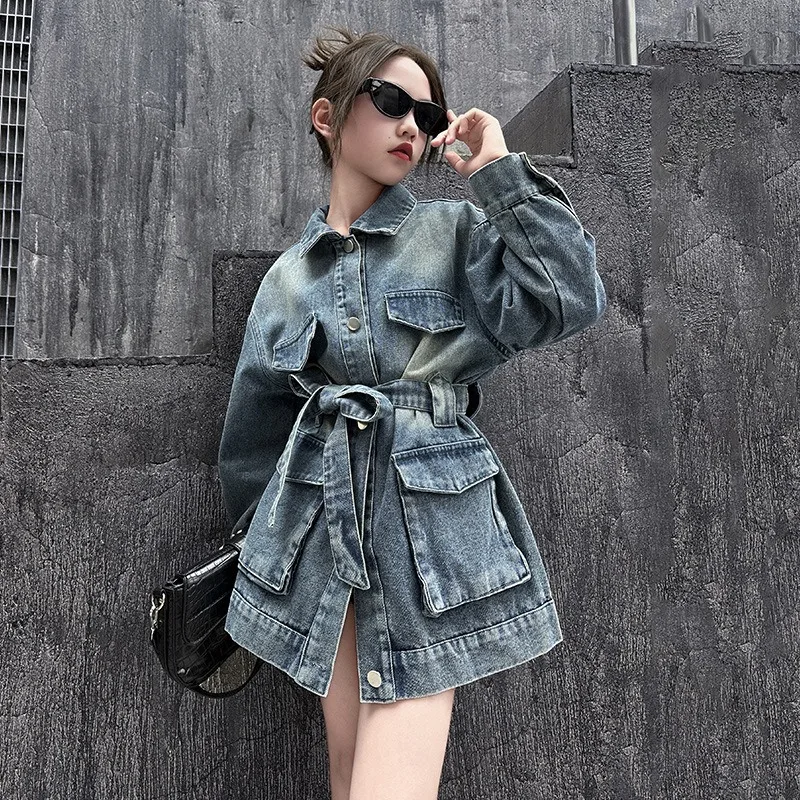 

Girls' Denim Jacket Autumn New 2024 Children's Korean Version Belt Trendy Style Top Girls' Fashionable Denim Clothing 5-14 T