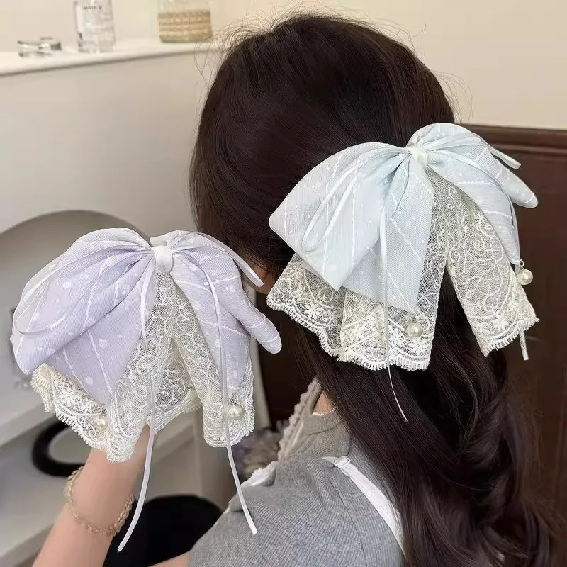 Large Mesh Lace Bow Hair Clips Women Girls Korean Style Floral Cloth Bowknot Ponytail Clip Elegant Fashion Temperament Headwear