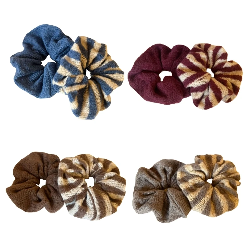 

X5XA 2pcs Stretchy Fabric Scrunchies Stripes Trim Hair Accessories Fashion Hair Ties