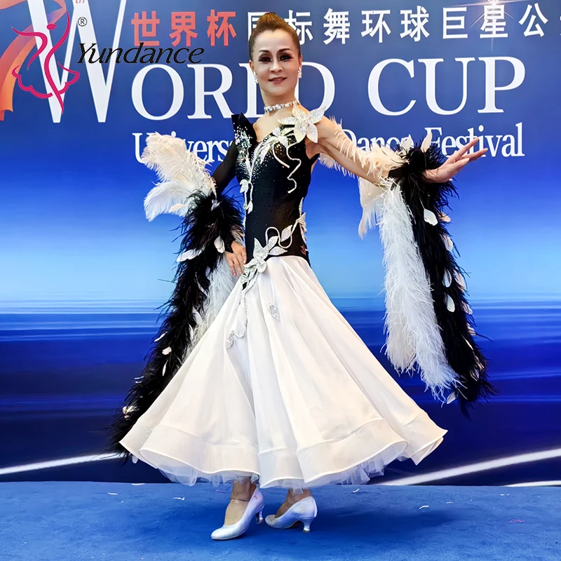 B-25044-1 Yundance Ballroom Dance Plus Size Women's Dresses Competition Waltz Modern Costume White Black Rhinestone Chiffon