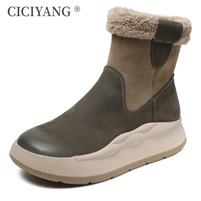 CICIYANG Snow Boots Women First Layer Cowhide Real Wool High-top Boots 2024 Winter New Retro Color Matching Ladies Ankle Boots