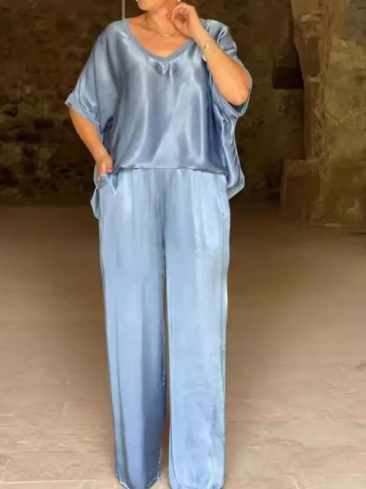 Set Longgar Kasual Wanita Atasan Pullover Leher V Solid Mode + Celana Kaki Lebar Dua Potong Set untuk Wanita Pakaian Kantor Wanita Baru