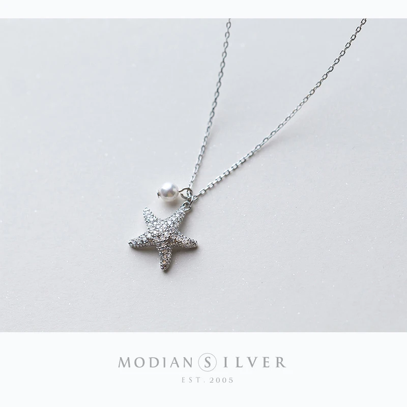 Modian Marine Life Adjustable Necklace for Women Shiny Zircon Starfish Pearl Sterling Silver 925 Pendant Necklace Fine Jewelry