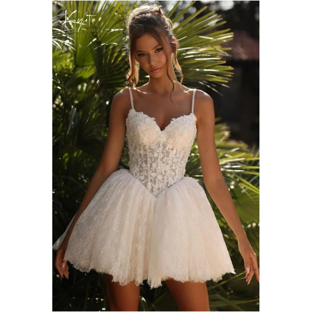 

Kyoto Customized White Spaghetti Straps Lace Mini Wedding Dress Ball Gown vestidos de noche Zip Back Sleeveless After Party 2025
