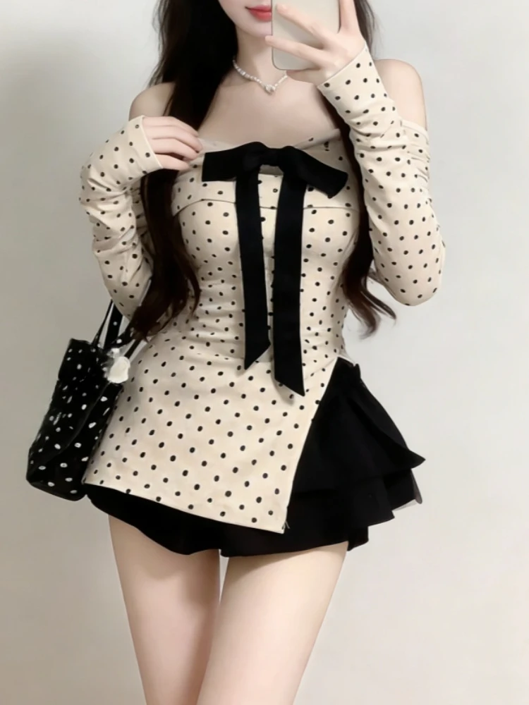 Neues Frühlings-Japanisches Süßes Y2k 2-Teiliges Set Damen Polka-Dot Schulterfrei-Top + Rüschenrock Harajuku Mode Schlanker Lieblicher Anzug 2026