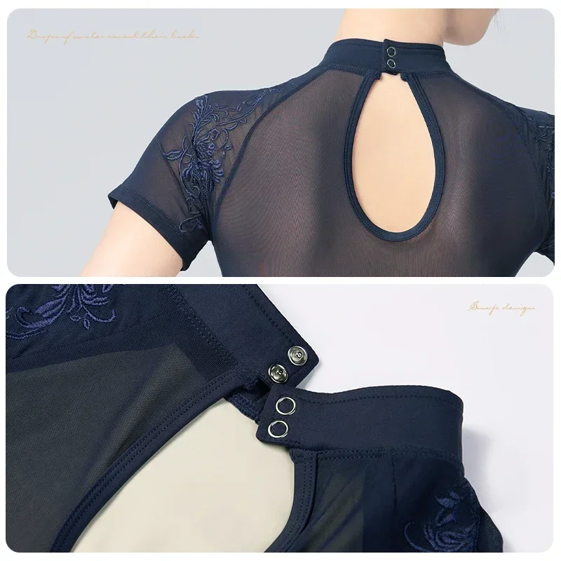 Vrouwen Klassieke Dans Maillots Volwassen Opstaande Kraag Dans Chinese Knoop Gesp Borduurwerk Ballet Dans Turnpakje Bodysuit