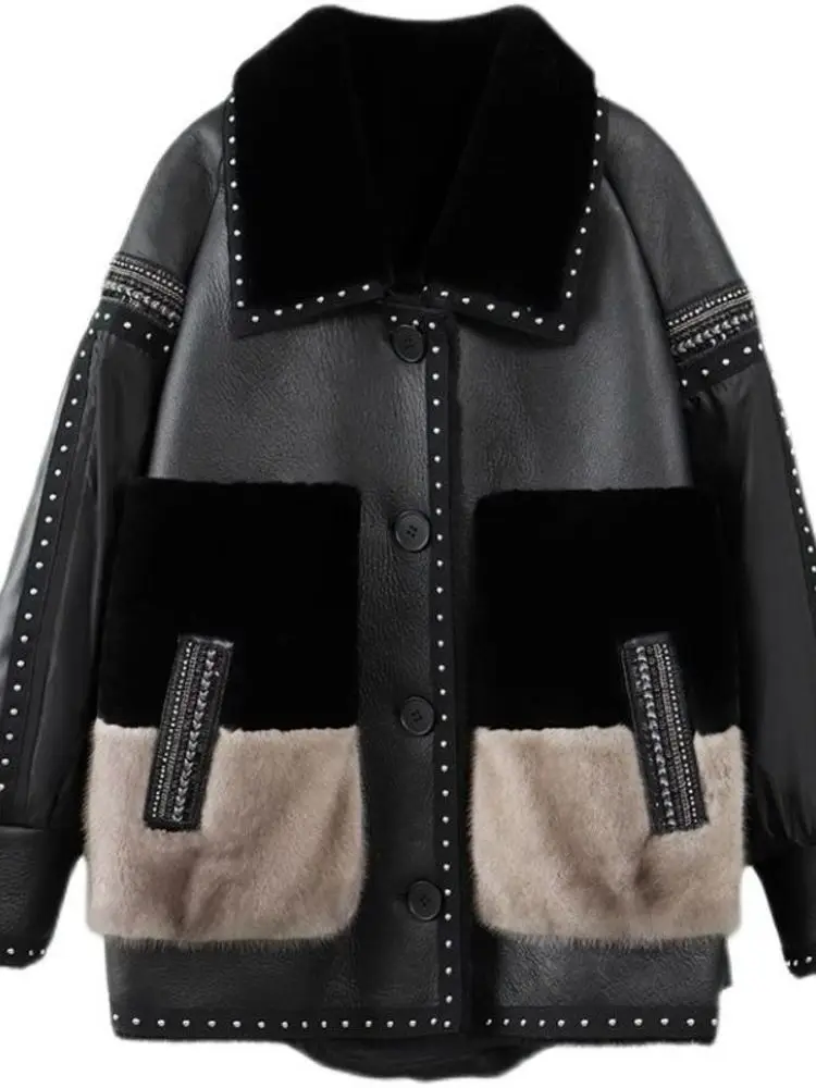 [EWQ] Korean Style Patchwork Lamb Wool Double Faced Fur Jacket Loose Casual Single Breasted Coat Women 2024 Spring Winter 6U6653