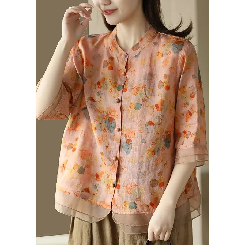 

Fashion Ethnic Style Literary Vintage Printed Shirt Ladies Half Sleeve Loose Casual Comfortable Blouse Cardigan Top Women B120