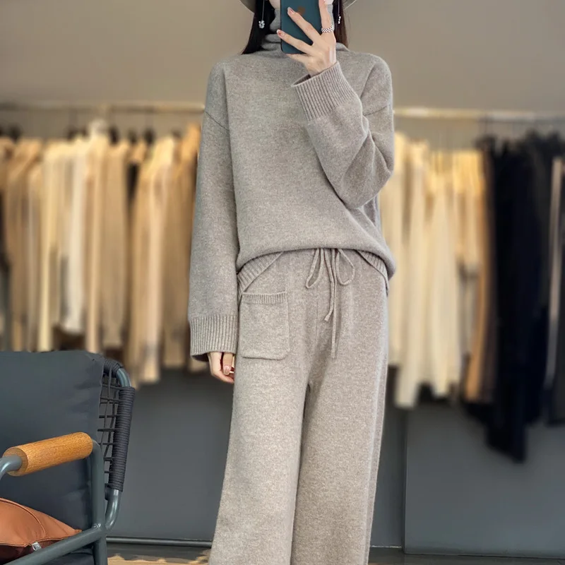 Women\'s Suit 23 Fall-Winter New 100% Merino Wool Turtleneck Pullover Fashion High Waist Wide Leg Pants Knit Two Piece Large Size