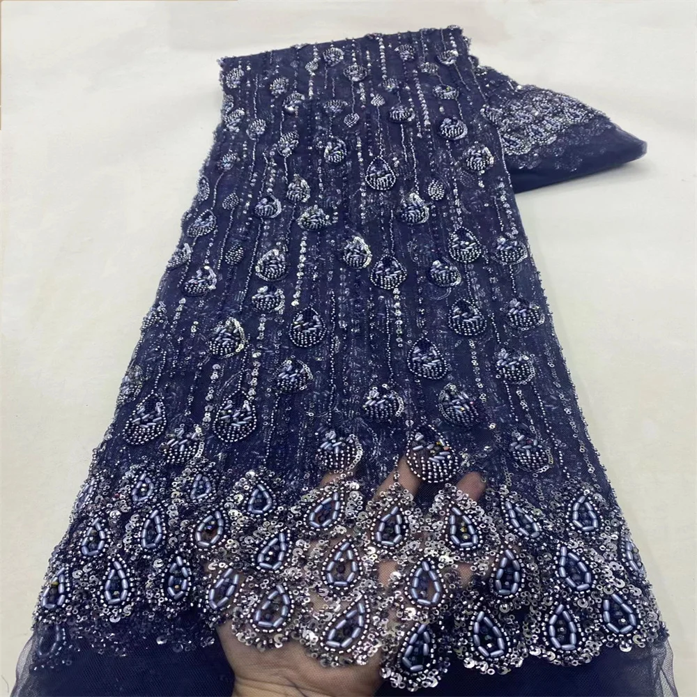 Latest Blue African Lace Fabric 2024 Luxury French Sequins Mesh Lace Fabric High Quality Handmade Beaded For Wedding Dress xz