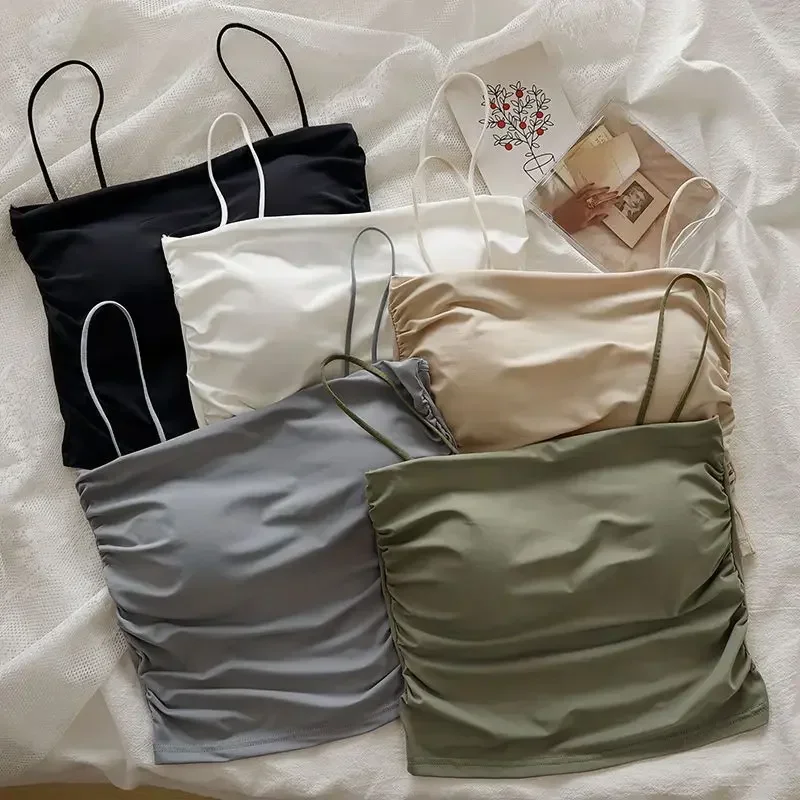 Summer Ice Silk Camisole Women's Chest Pad Anti-light Bottoming Beautiful Back Underwear Short Top Can Be Worn Outside