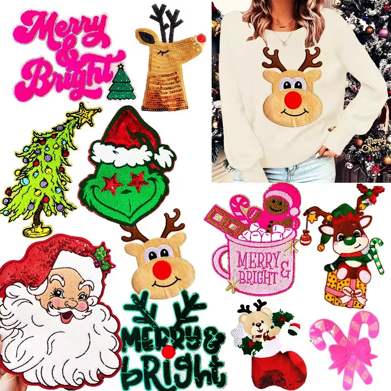 

Рождественская нашивка с Санта-Клаусом, ELK, снеговик, железные нашивки, вышитые блестками нашивки для одежды, термоклеевые нашивки на куртку