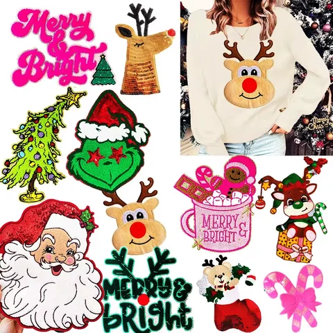 Christmas Santa Claus Patch ELK Snowman Iron On Patches Sequin Embroidered Patches For Clothes Thermoadhesive Patches On Jacket