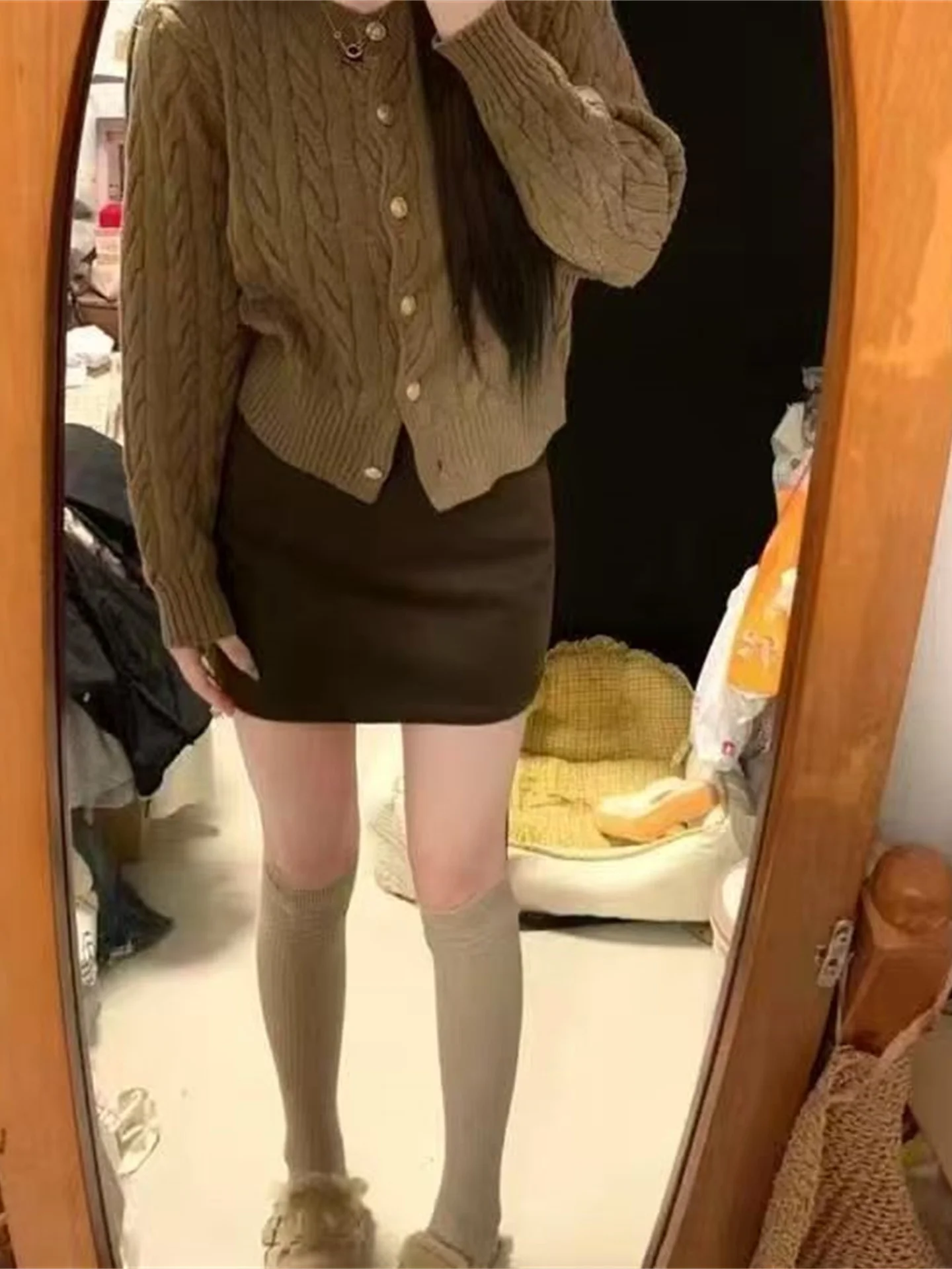 

Корейская коричневая шерстяная юбка с высокой талией, стройнящая, А-силуэт, женская, модная, осенне-зимняя, новинка, универсальная