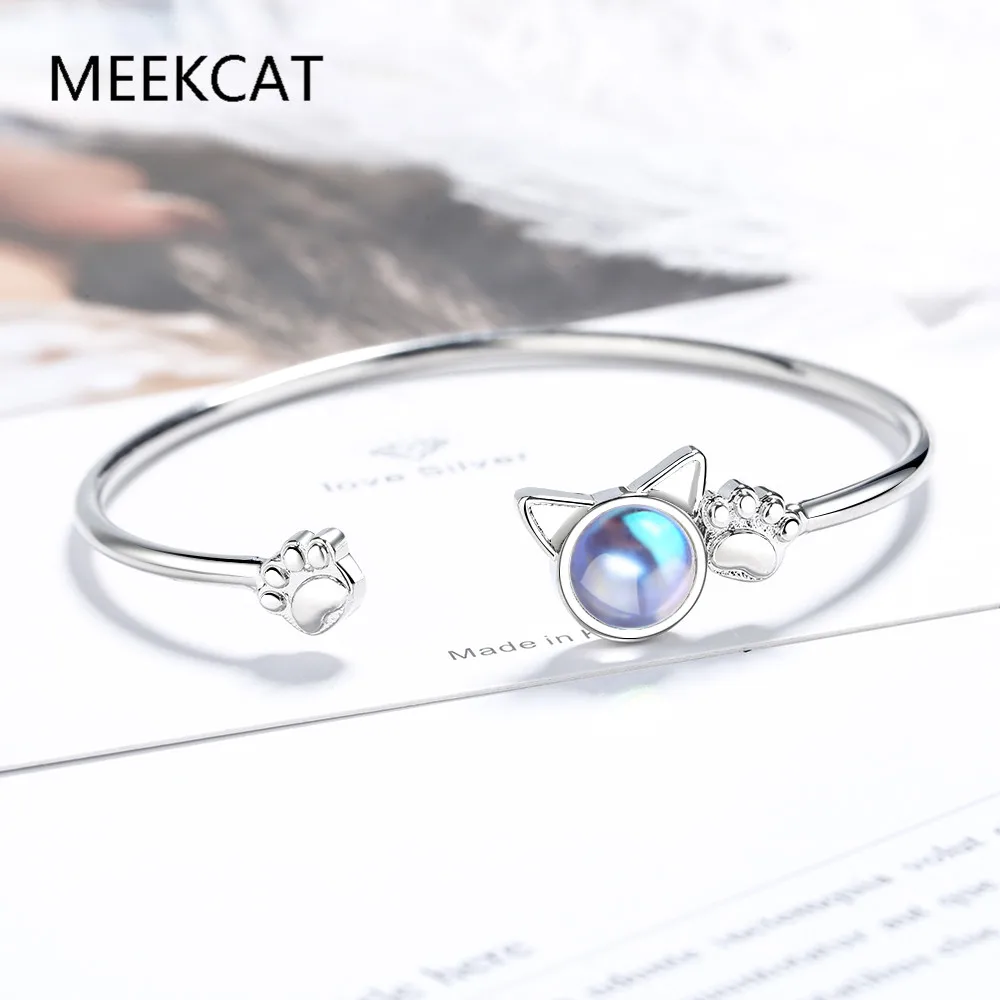 925 Sterling Silver Moonstone Cat Ear Bangle Bracelet Pet Paw Footprint Bangle Pulseiras de Prata For Women Party Jewelry