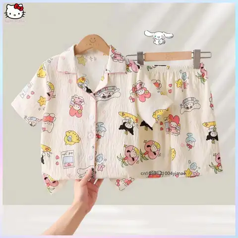 여름 Kawaii Cinnamoroll Kuromi 어린이 잠옷 세트 카디건 반팔 탑 페어드 반바지 귀여운 어린이 홈 의류