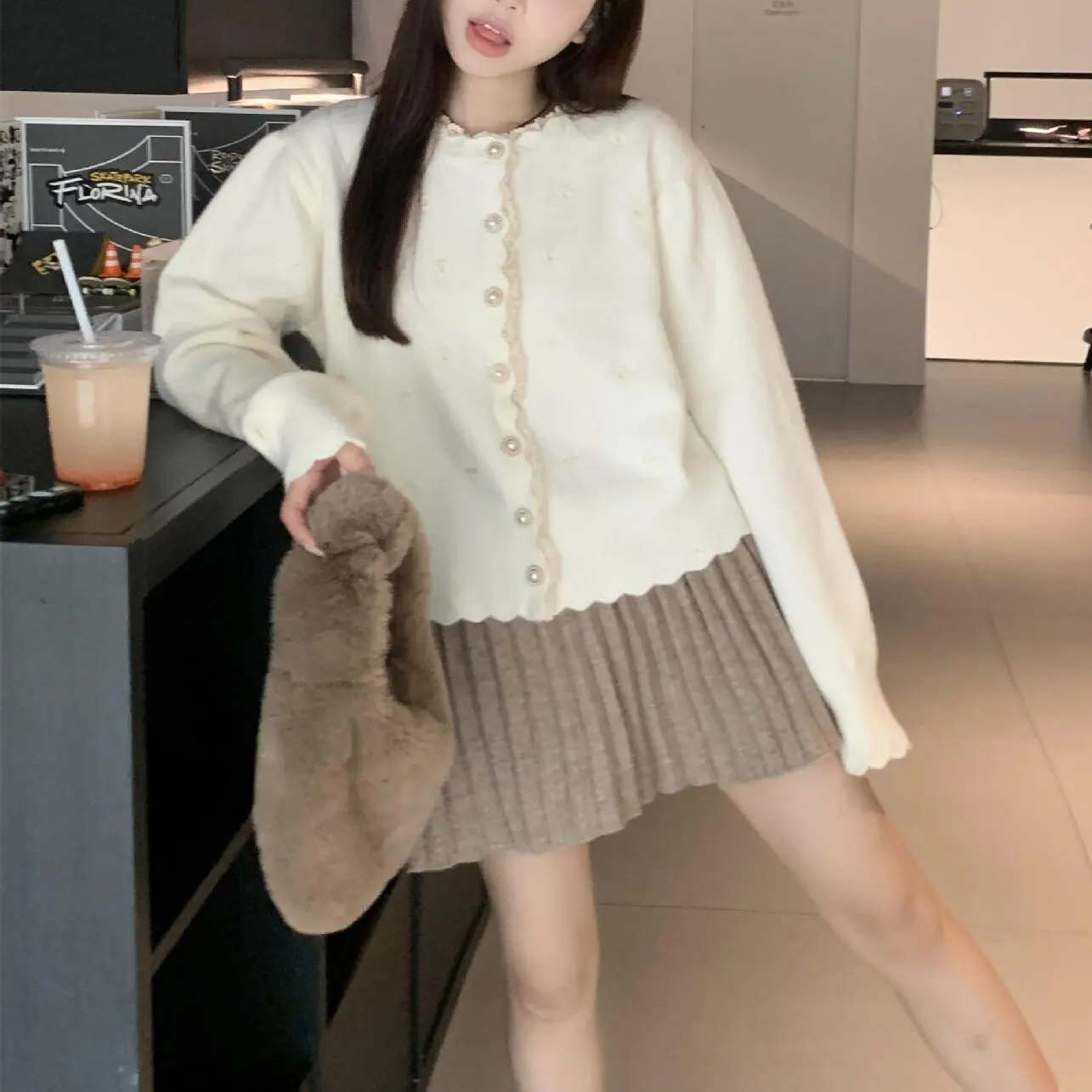 Korean Fashion Women Sweaters Lace O-neck One Breasted Embroidery Floral Long Sleeve Knitting Coat Female Fall Winter Cardigan