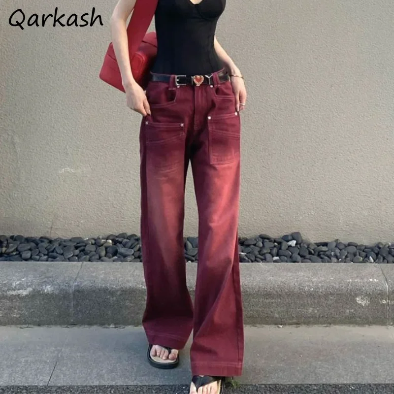 กางเกงยีนส์ผู้หญิงฤดูใบไม้ผลิฤดูใบไม้ร่วงสูงเอวล้าง Burgundy Streetwear หลวมขากว้างความยาวเต็มเกาหลีแฟชั่น Y2k เสื้อผ้าสไตล์