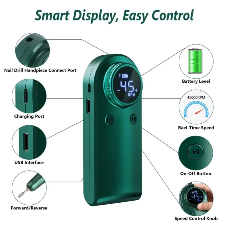 45000 RPM Electric Nail Drill Machine Rechargeable Nail Filer for Acrylic Nail Gel Nails Manicure Pedicure Polishing Shape Tools