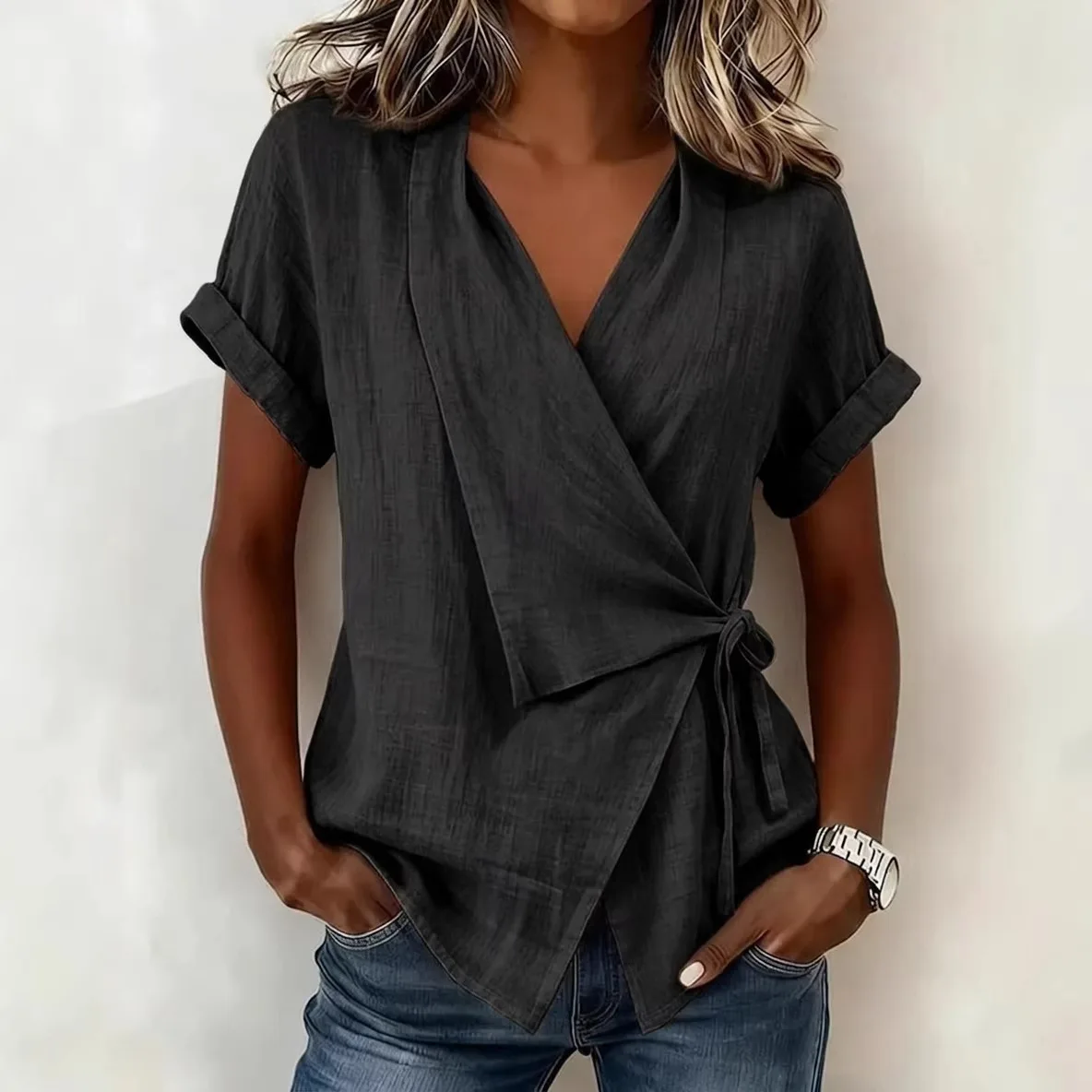 2026 Spring and Summer Cross-border European and American New Style Casual Solid Color Stand-up Collar Tie-up Asymmetrical Loose image 5