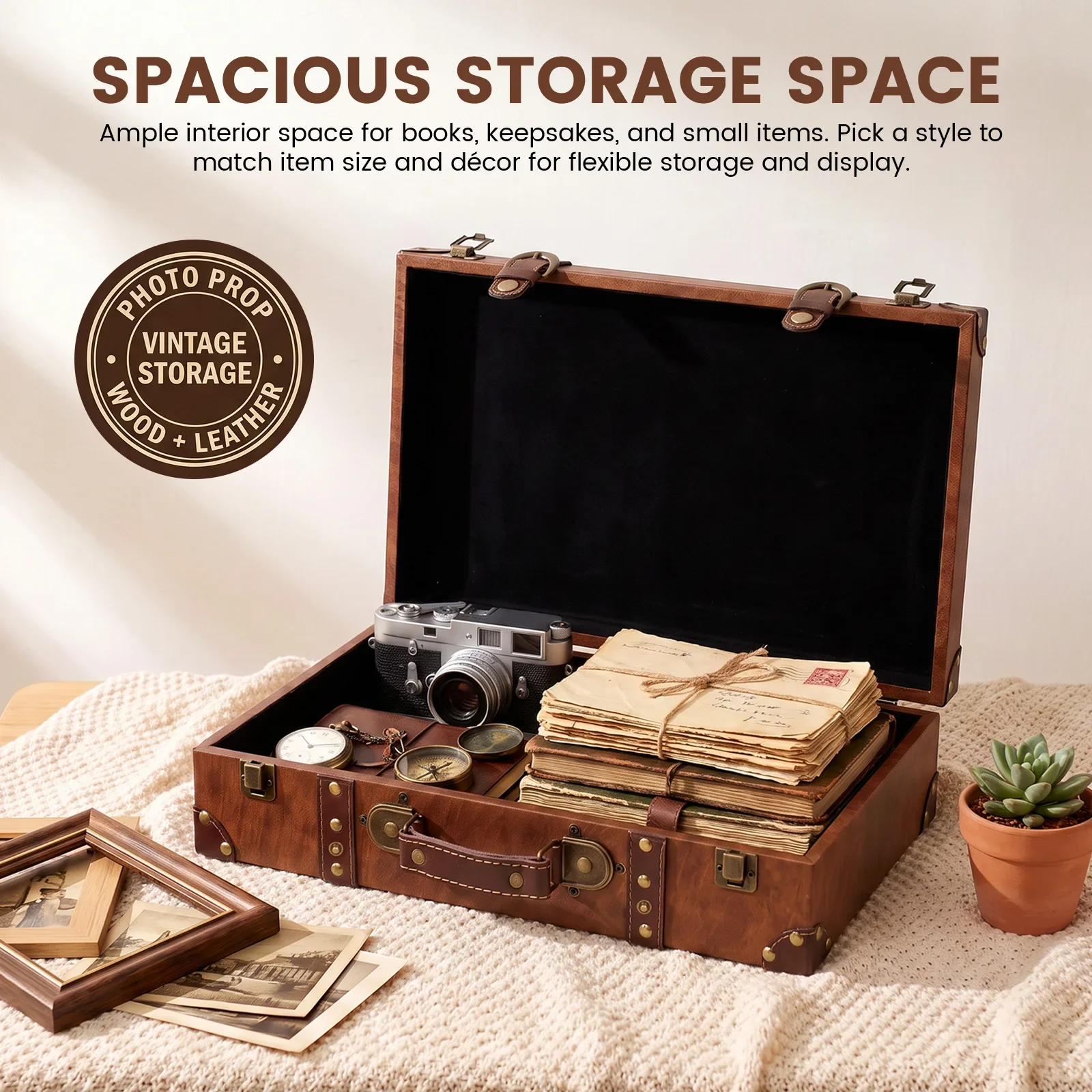 Vintage Leather Suitcase Wooden Frame Storage Box British Style Carry Case Retro Photography Prop Decorative Display Trunk S/M