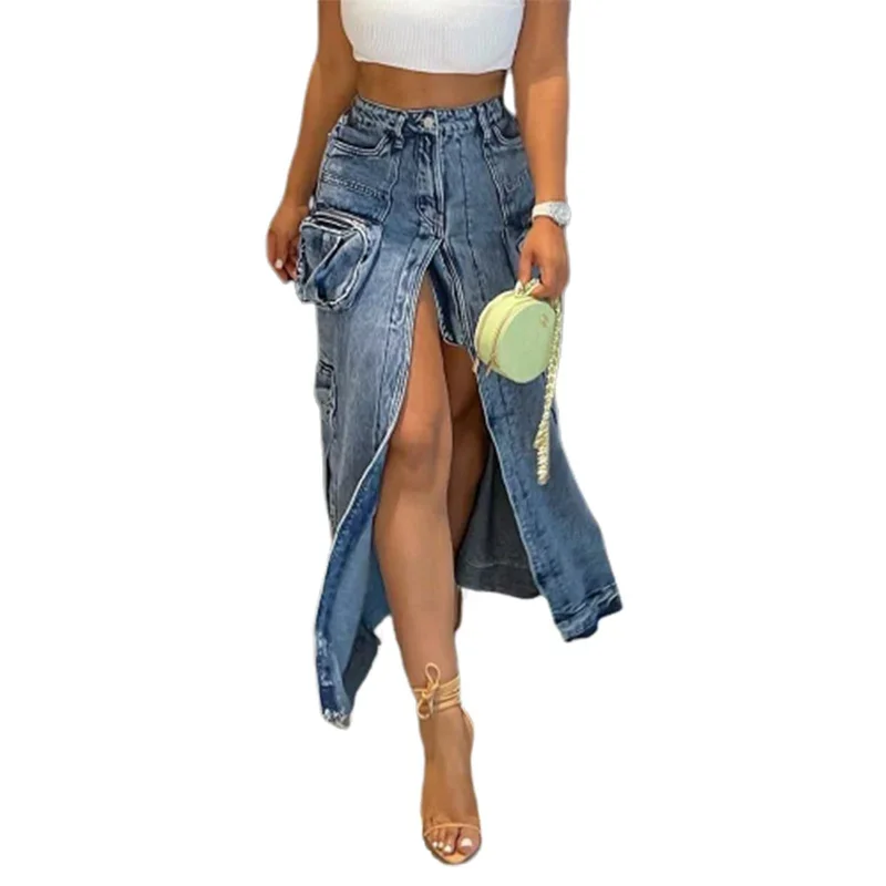 Fashion Women Multi-pocket Splicing Denim Skirt Sexy Split Hem High Waist Half-body Dress Trend Casual Streetwear Overalls Wear