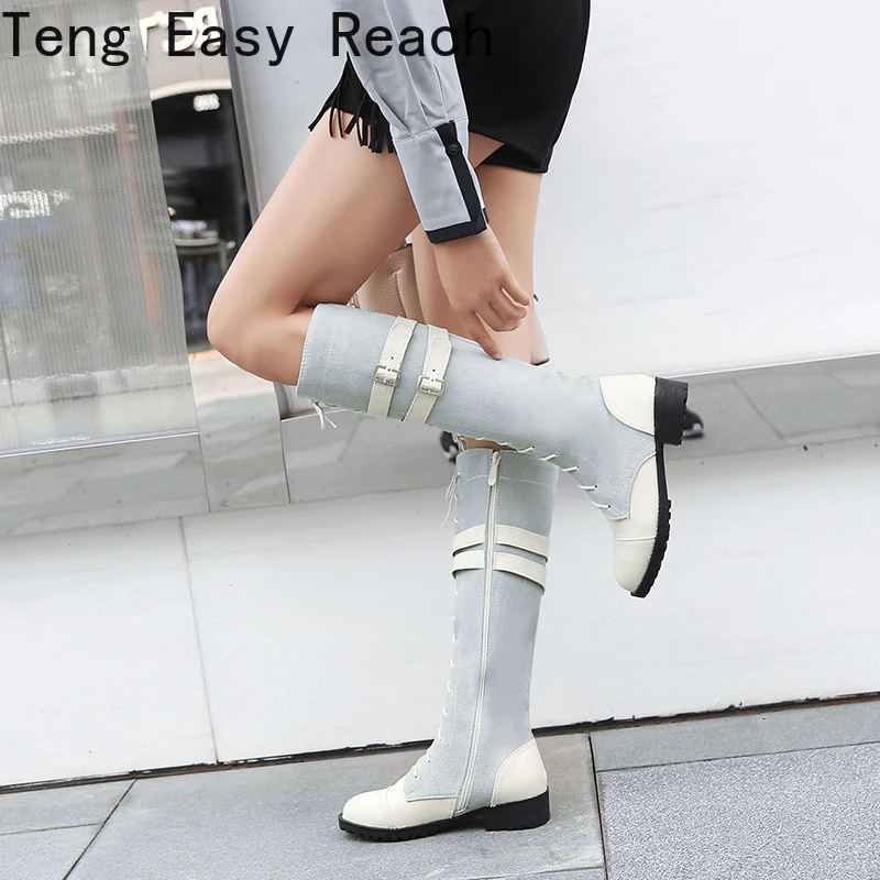 2025 Denim Stitched PU Women's Low Heel Knee Boots Cross Lace Calf Double Breasted Buckle Side Zip Plush Lining Women's Boot