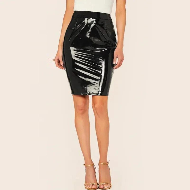 High Waist Faux Latex Leather Midi Skirts Women Casual Shiny Patent Leather Pencil Skirts Office Lady Slim PU Skirts New Custom