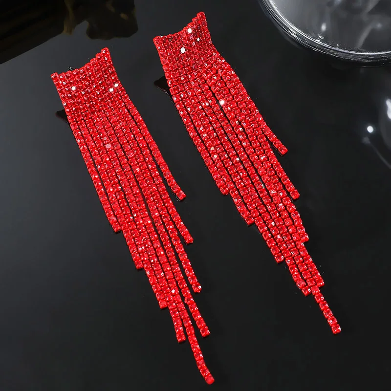 Long Tassel Earrings Jewelry For Women Fashion Red Prom Chandelier Earrings Rhinestone Sparkling Dangling Wedding Ear Studs