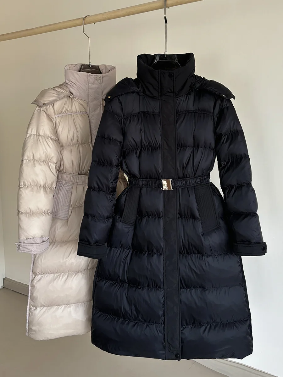 High End Down Jacket for Women Light Luxury Winter 90 White Duck Down High Waist Hooded Coat with Belt Thicken Warm Long Jackets