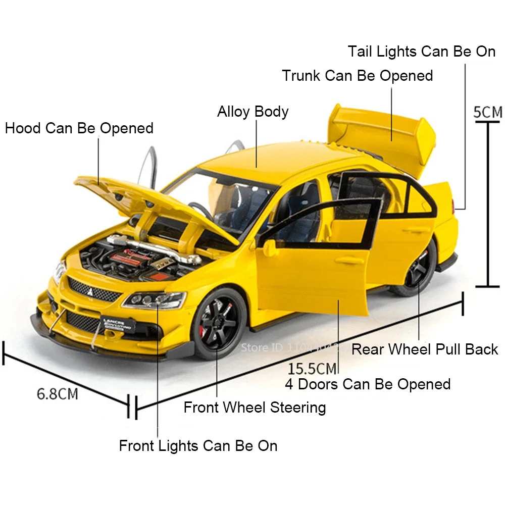 1:32 Mitsubishi Lancer Evolution IX Modello di auto sportiva in lega Giocattoli Diecast Veicoli Porte aperte Suono Luce Tirare indietro Ragazzo Giocattolo Regalo