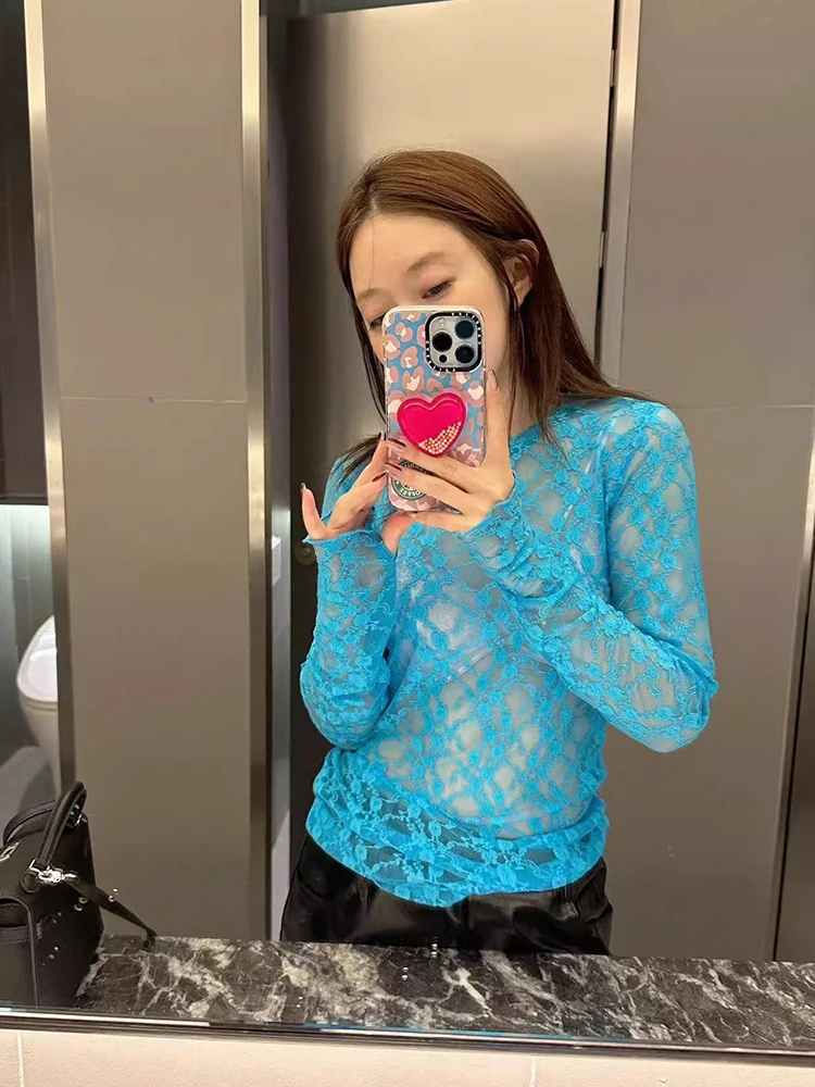 

Blue Lace Base Shirt Women's Slim Fit Autumn Winter New Style Inner Thin Film Sexy Net Shirt Dongda Gate Style Long Sleeve Co...