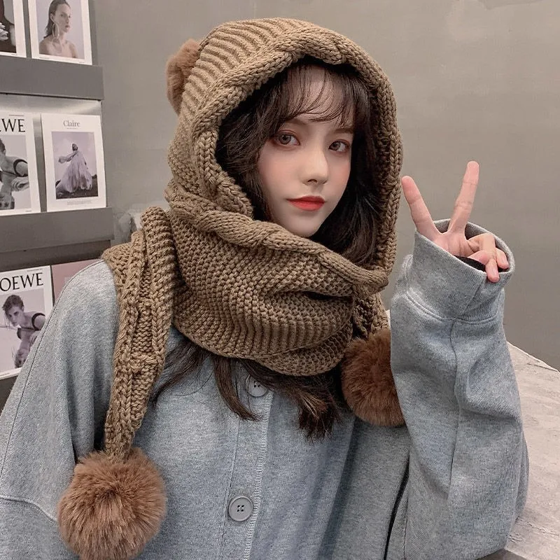 Korean Version Wool Hat Women\'s Autumn Winter With a Scarf One-piece Hat Cute Wool Bulbous Ear thickening warm knit hat