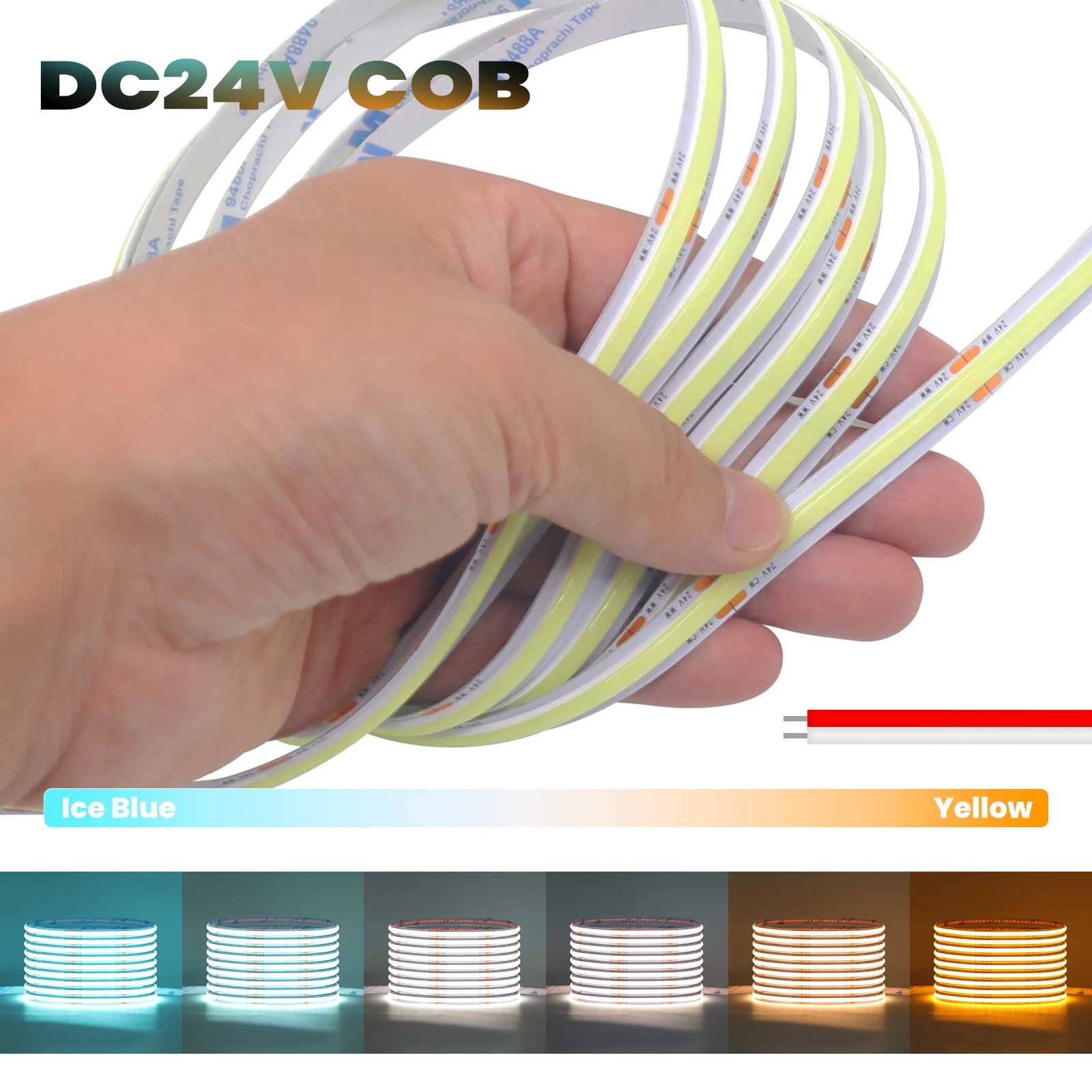 24V COB LED Strip Dual Color Yellow Ice Blue Flexible COB Strip Light 480Leds/m CCT LED Tape for Room TV Backlight
