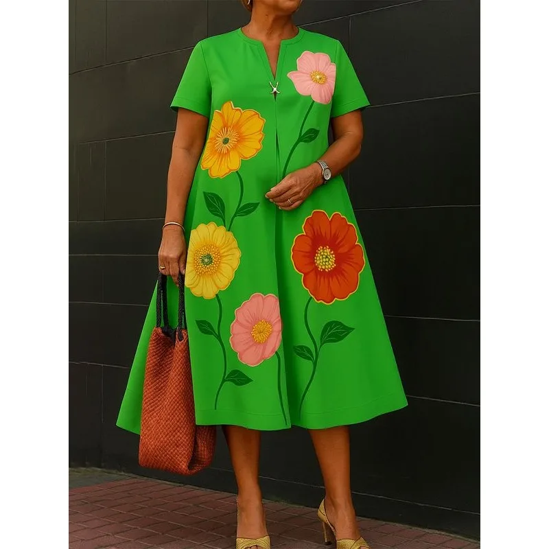 

Tinaa A-line Plus Size Dresses Womens 2025 Summer Short Sleeve Flower Printing Pleated Loose Fit Leisure Fashion Dress 182709
