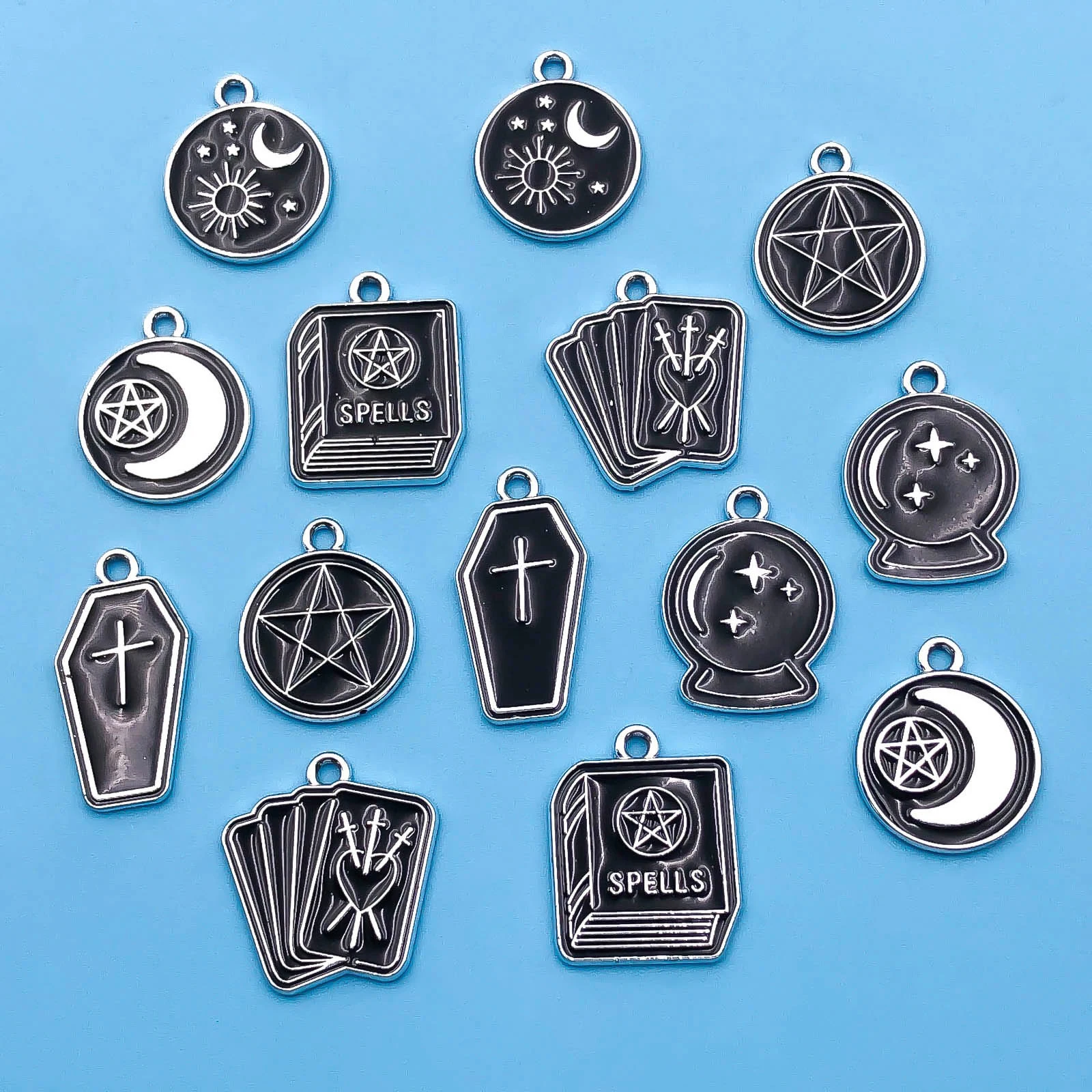 10/14pcs/pack Moon Star Cross Book Charms Enamel Alloy Black Magic Book Magic Ball Pendants For Jewelry Making Earring Bracelet