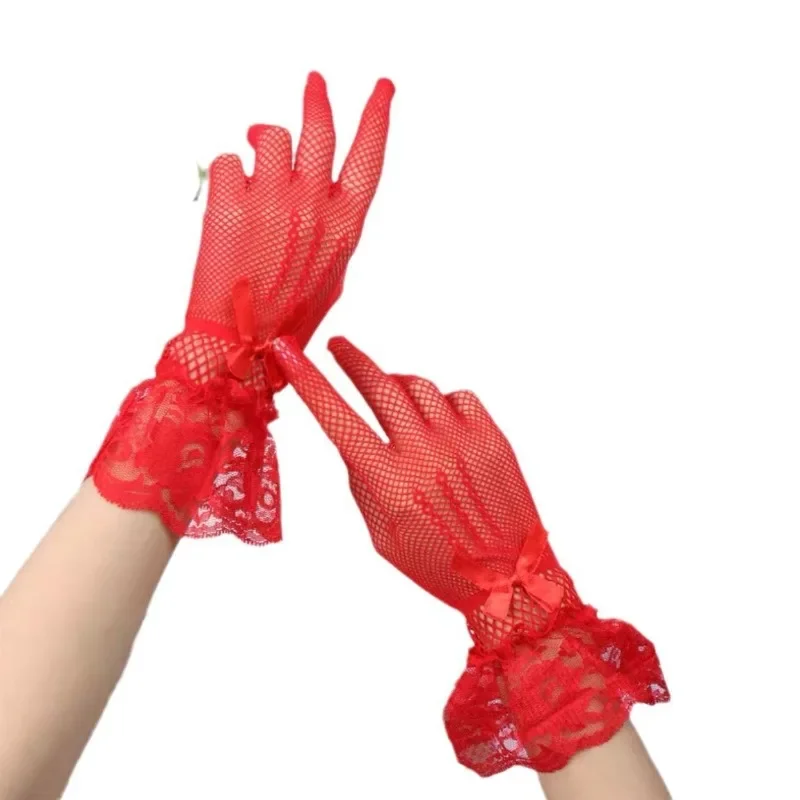 Сетчатые перчатки в сеточку, кружевные эластичные перчатки для выступлений на сцене, дышащие перчатки с бантом для невесты, женские дышащие модные перчатки