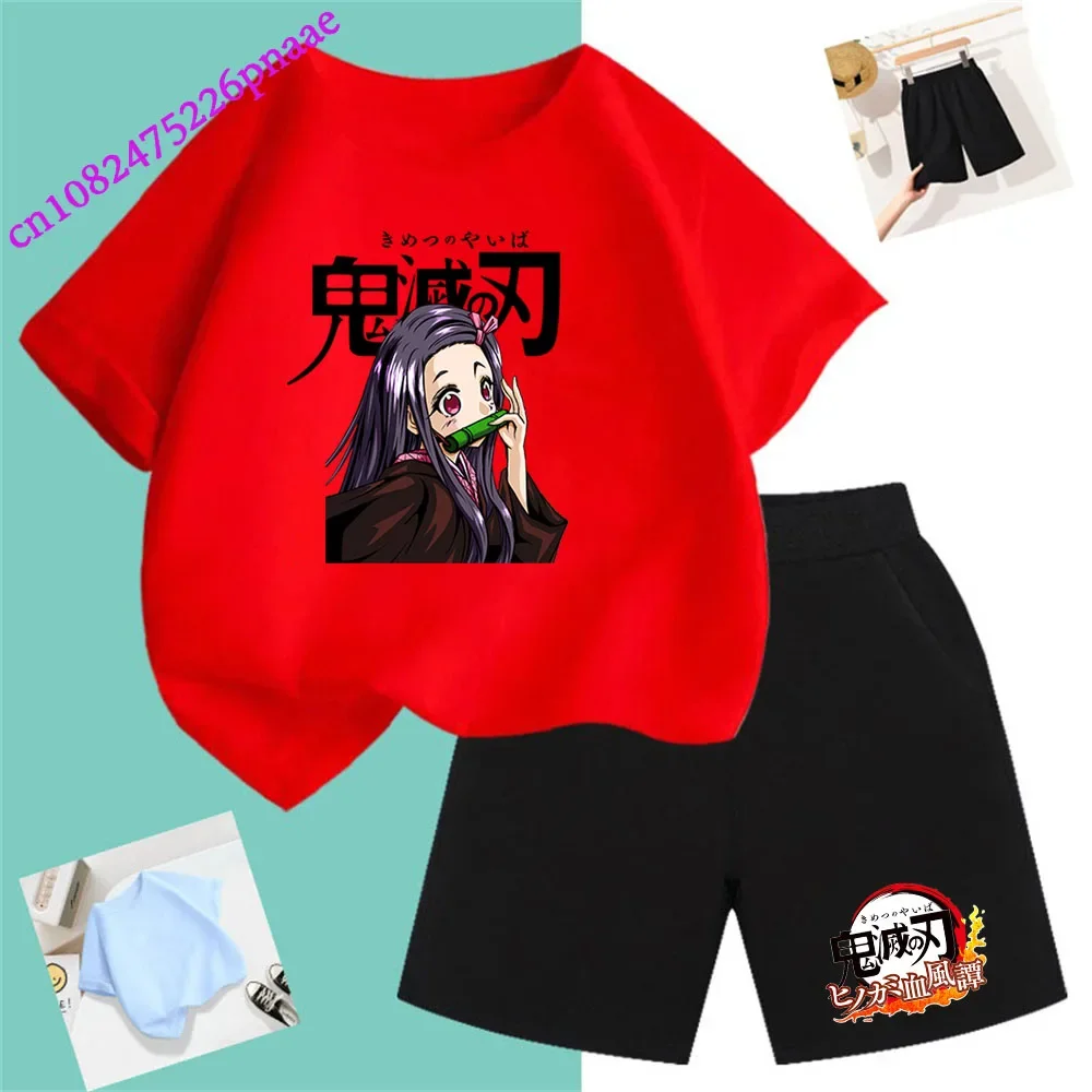 Demon Slayer t shirt Fashion Summerdress2024 Short Kid Short T-shirt Baby Tee Sets Fashion Casual O-neck Breathable KawaiiShorts