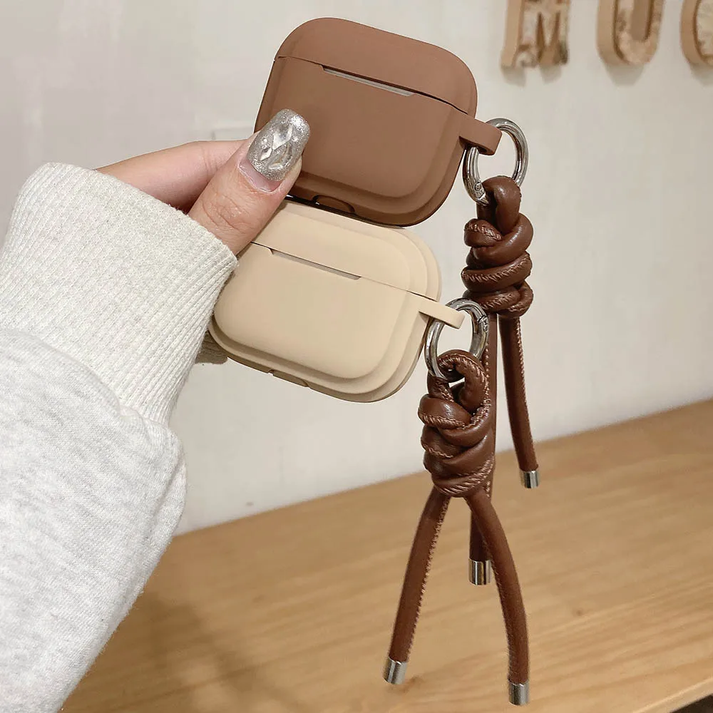 Brown Silicone Earphone Case with Leather Rope Keychain For AirPods 4 ANC AirPod 1 2 3 Pro 2 Cases Soft Headset Protective Cover