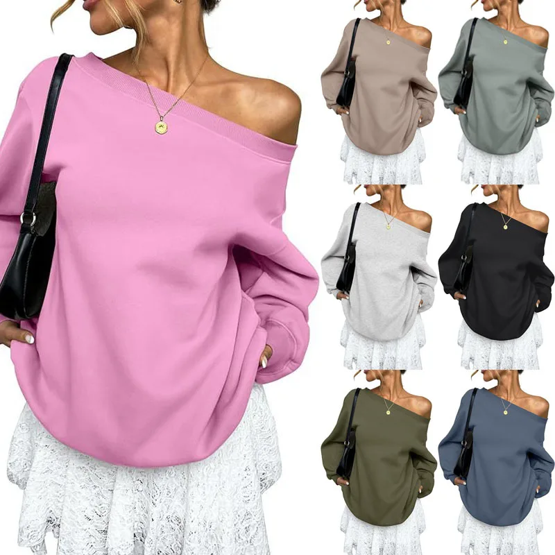 

2025 Casual Fashion Autumn New Women's Clothing Solid Color Diagonal Neck Sweater Europe and America