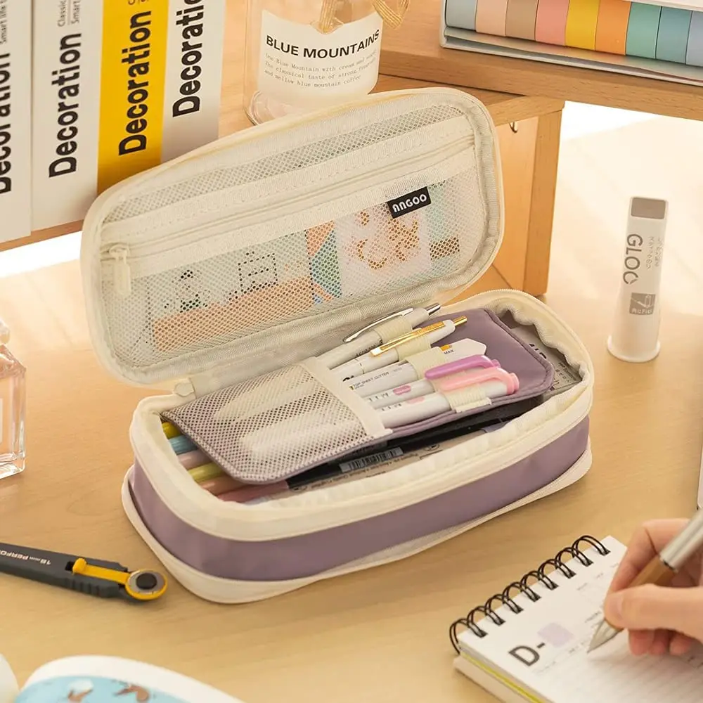 Trousse à crayons en toile double couche grande capacité pour étudiants, boîte à stylos, sac à papeterie, fournitures de rentrée scolaire