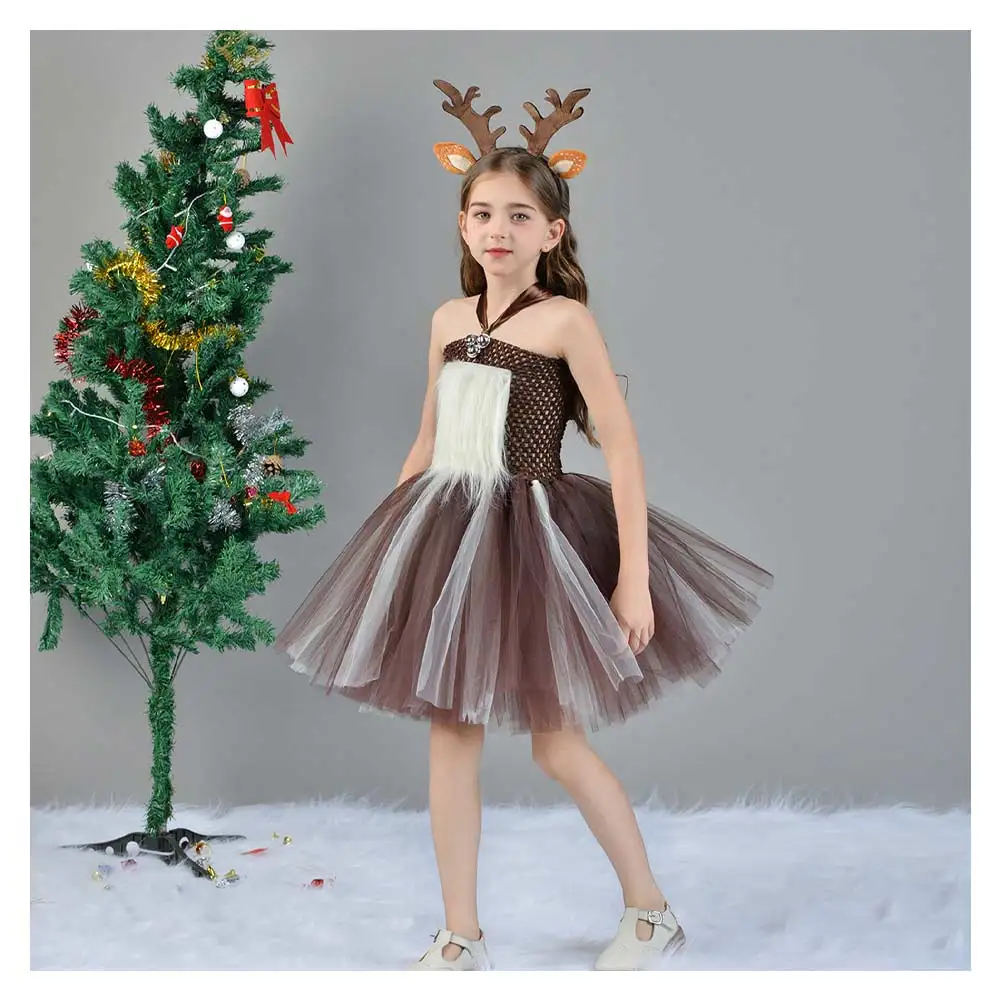 Kids Girls Elk Cosplay Reindeer Tutu Dress Costume Christmas Stage Performance Children Clothing Headband Halloween Party Suit